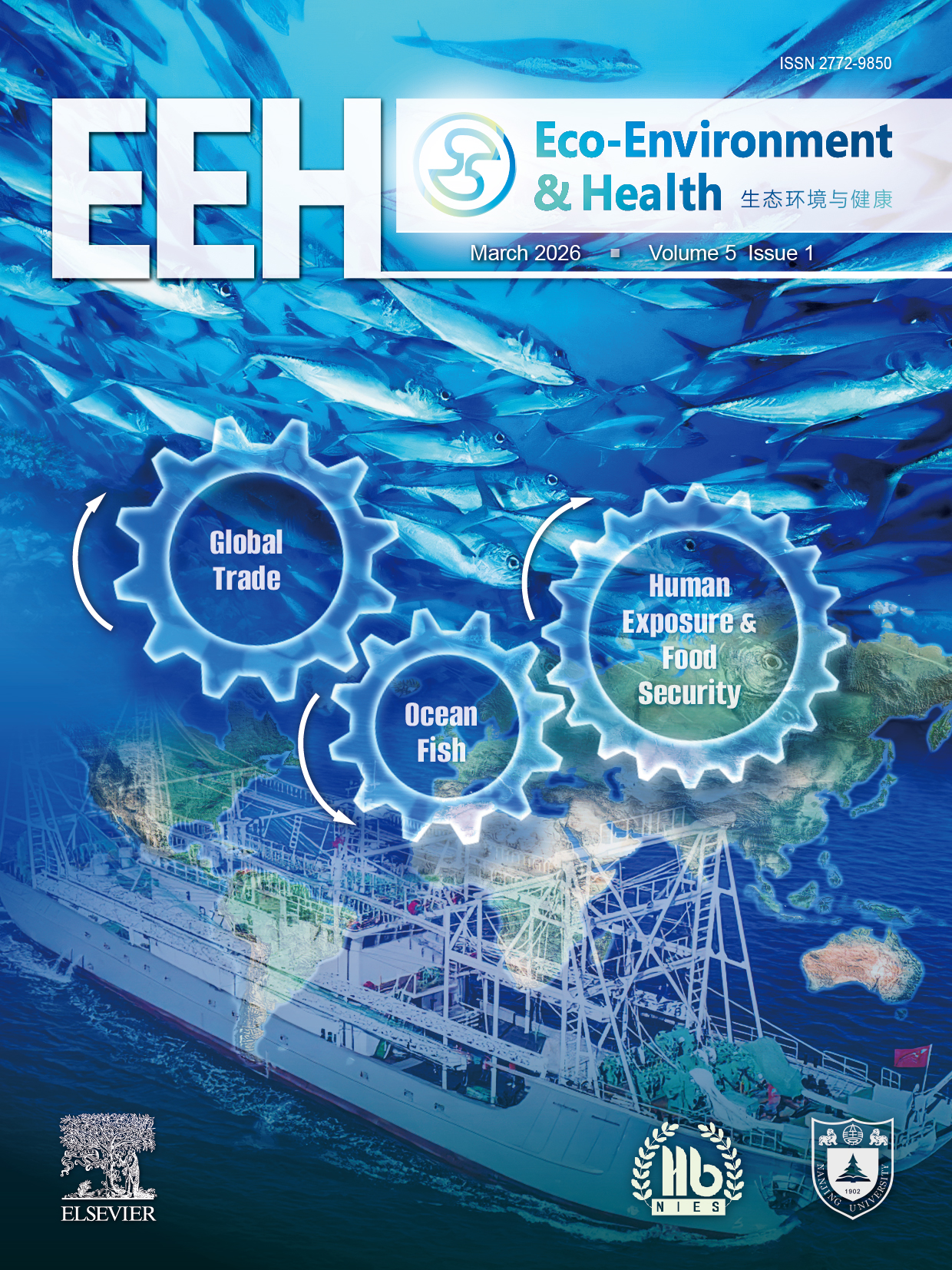 Forsiden av Eco-Environment & Health. En montasje av en fiskestim og et fiskefartøy mot blå bakgrunn.