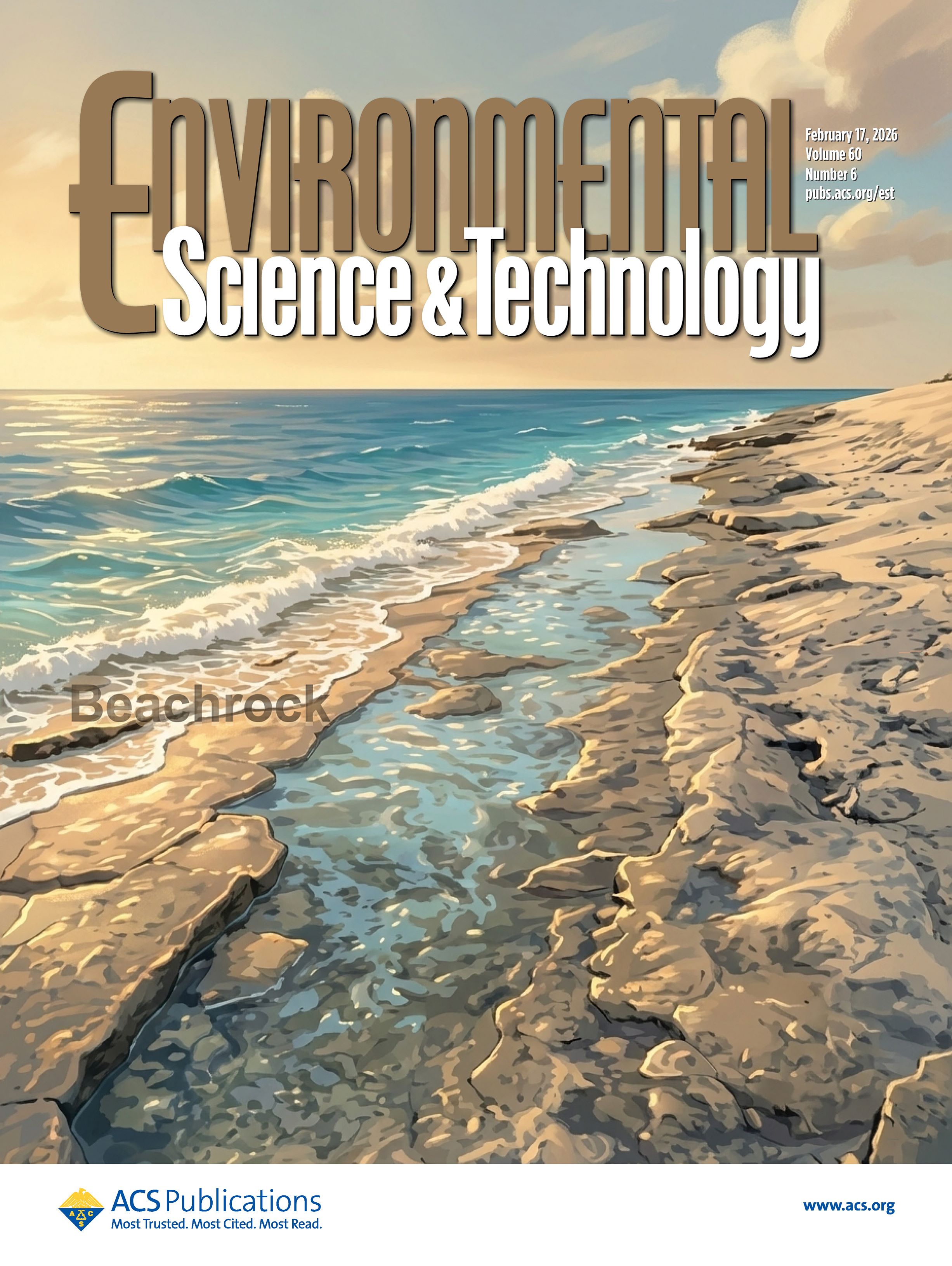 Faksimile av forsiden til Environmental Science & Technology, som viser en strand med mye sandstein