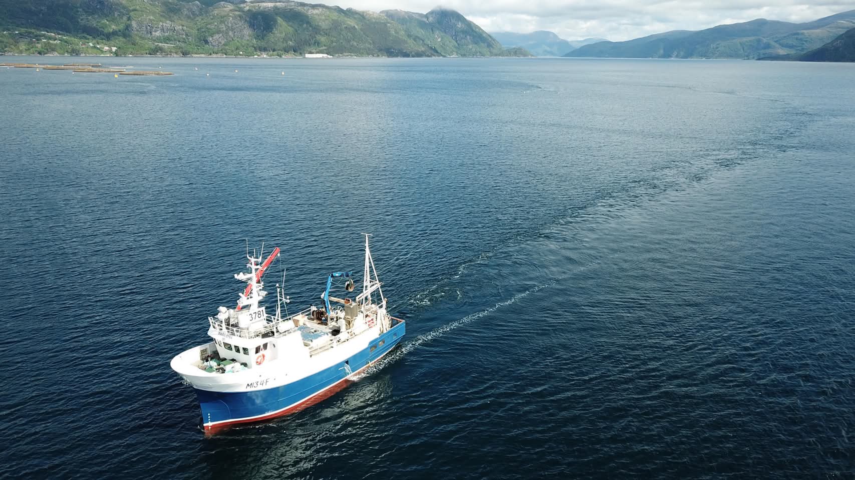 Blått og hvitt kystfartøy eller fiskebåt på vei mot venstre i bildet. Blågrønn fjord og fjell i bakgrunnen.
