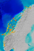 Kart over korallrev som er beskyttet mot fiskeriaktivitet ved norskekysten.