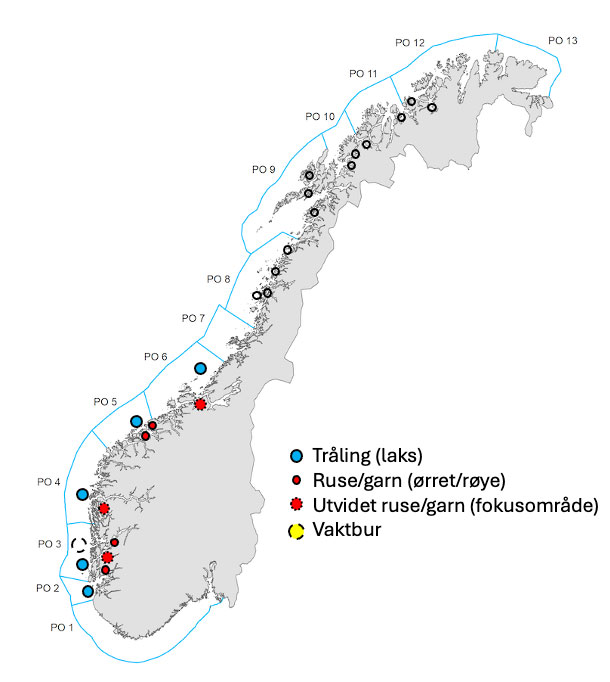 Eit kart over Noreg. Langs kysten og i fjordane er det prikkar som viser kor det vert fanga laksefisk til overvakinga. Områda som ikkje er undersøkt endå, er frå Nordland og nordover.