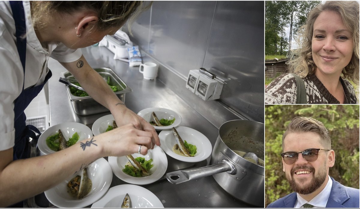 
kollasj av kokk som legger opp fat, og to profilbilder
