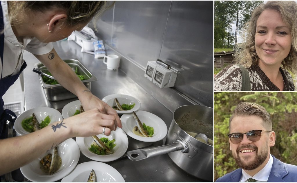 kollasj av kokk som legger opp fat, og to profilbilder
