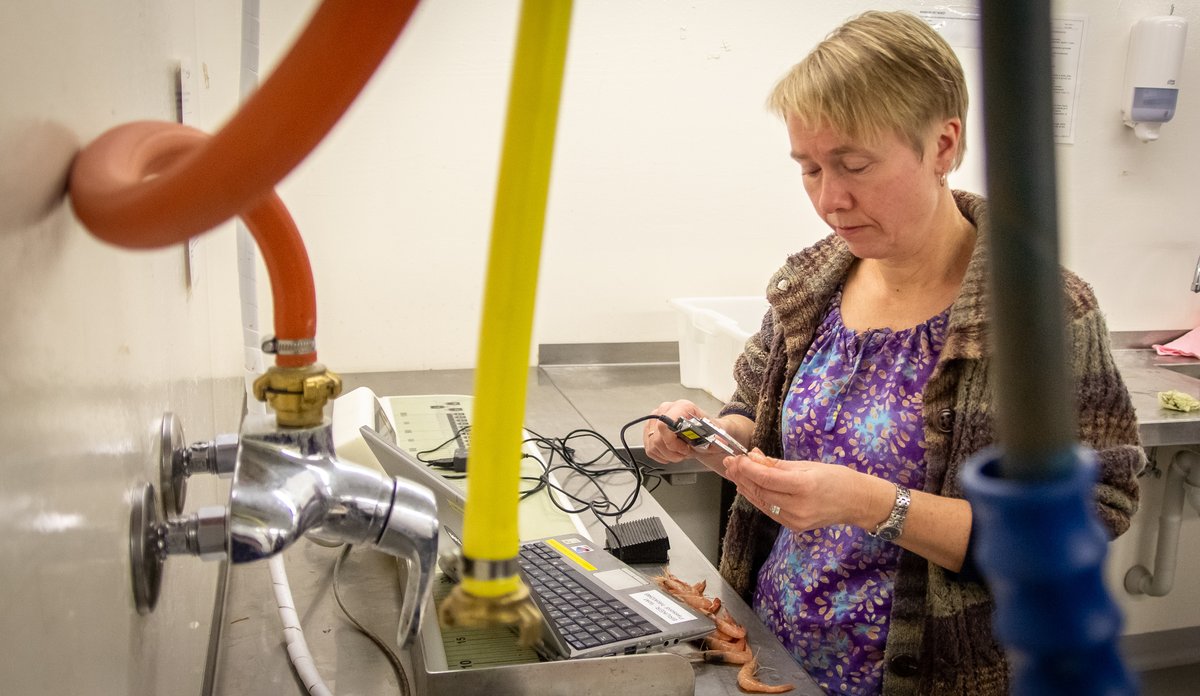 
kvinne holder reke inne på lab med mange fargerike ledninger og rør ned fra taket 