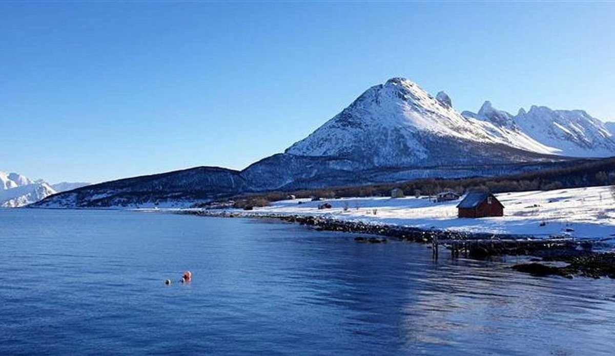 Kystlnje i Nord-Norge med eit hus og ein sjøbu.