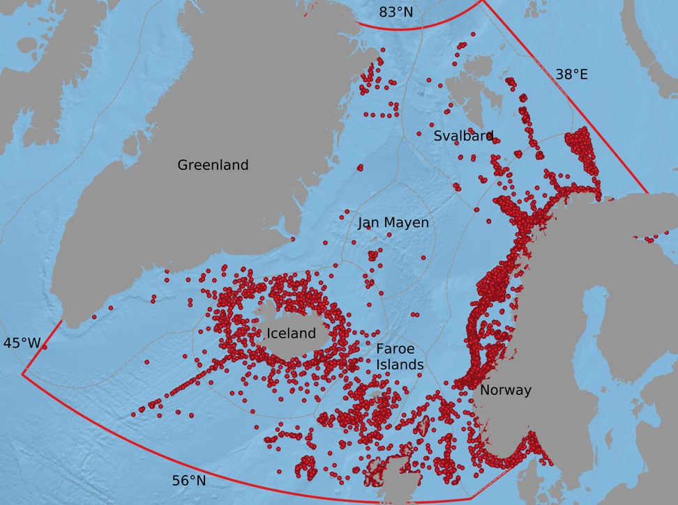 Kart som viser Grønland, Island, Færøyane, Norge og havområda mellom.