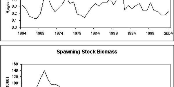 

Grafer som viser historisk utviklinge i fiskedødelighet og gytebiomasse
