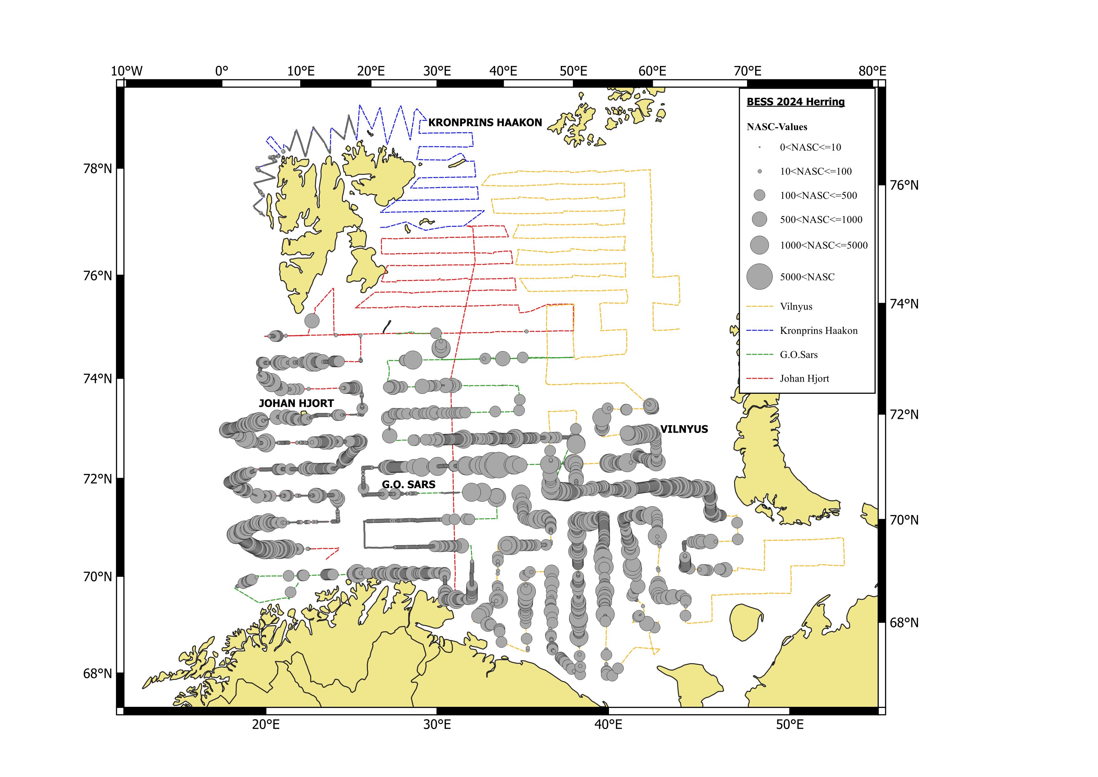 Figure 7.3.1.1 Geographical distribution of herring in autumn 2024 based on acoustic recordings. Circle sizes correspond to NASC values (m2/nmi2) per nautical mile