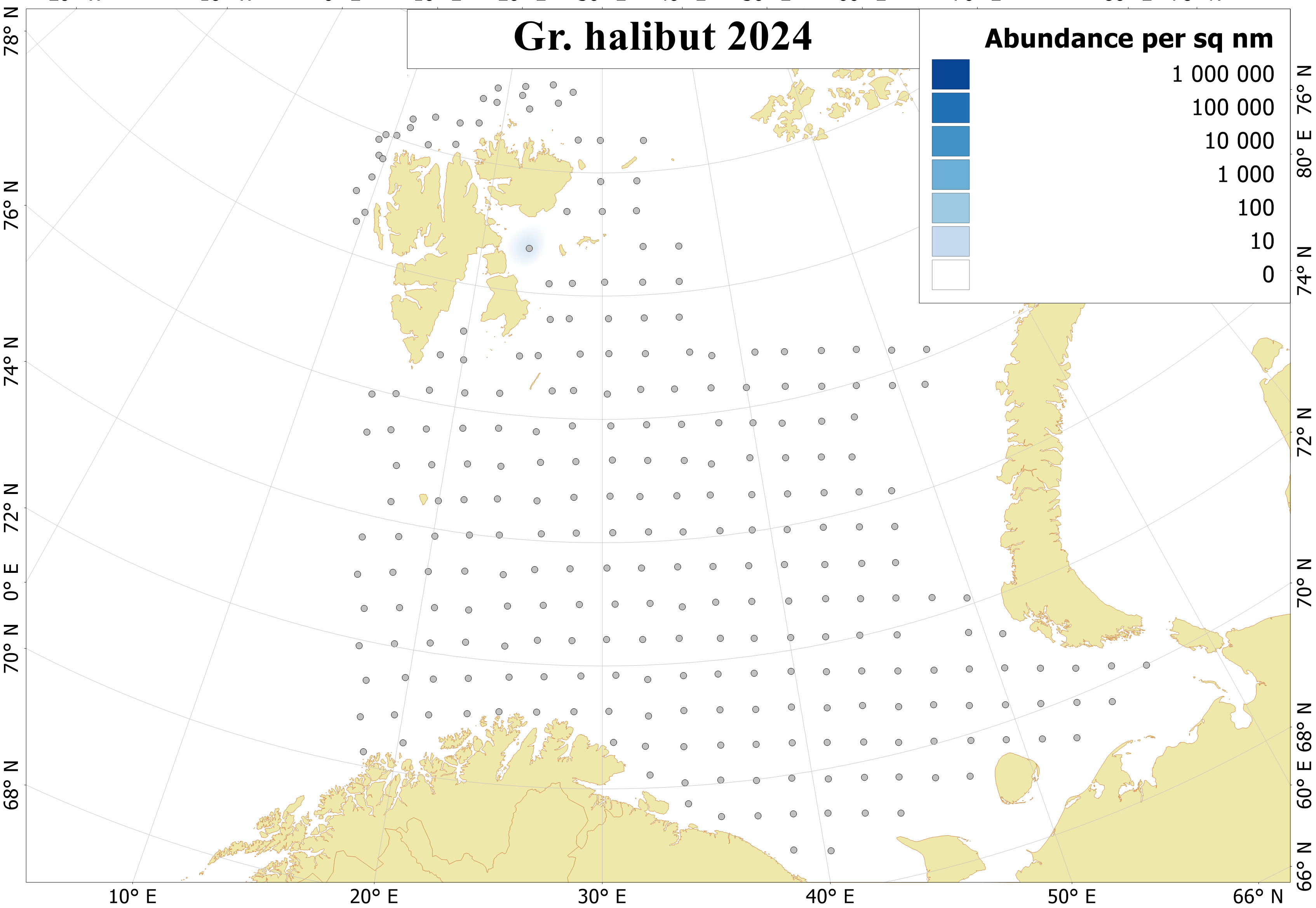 Figure 6.8.1. Distribution of 0-group Greenland halibut, August-September 2024. Dots indicate sampling location