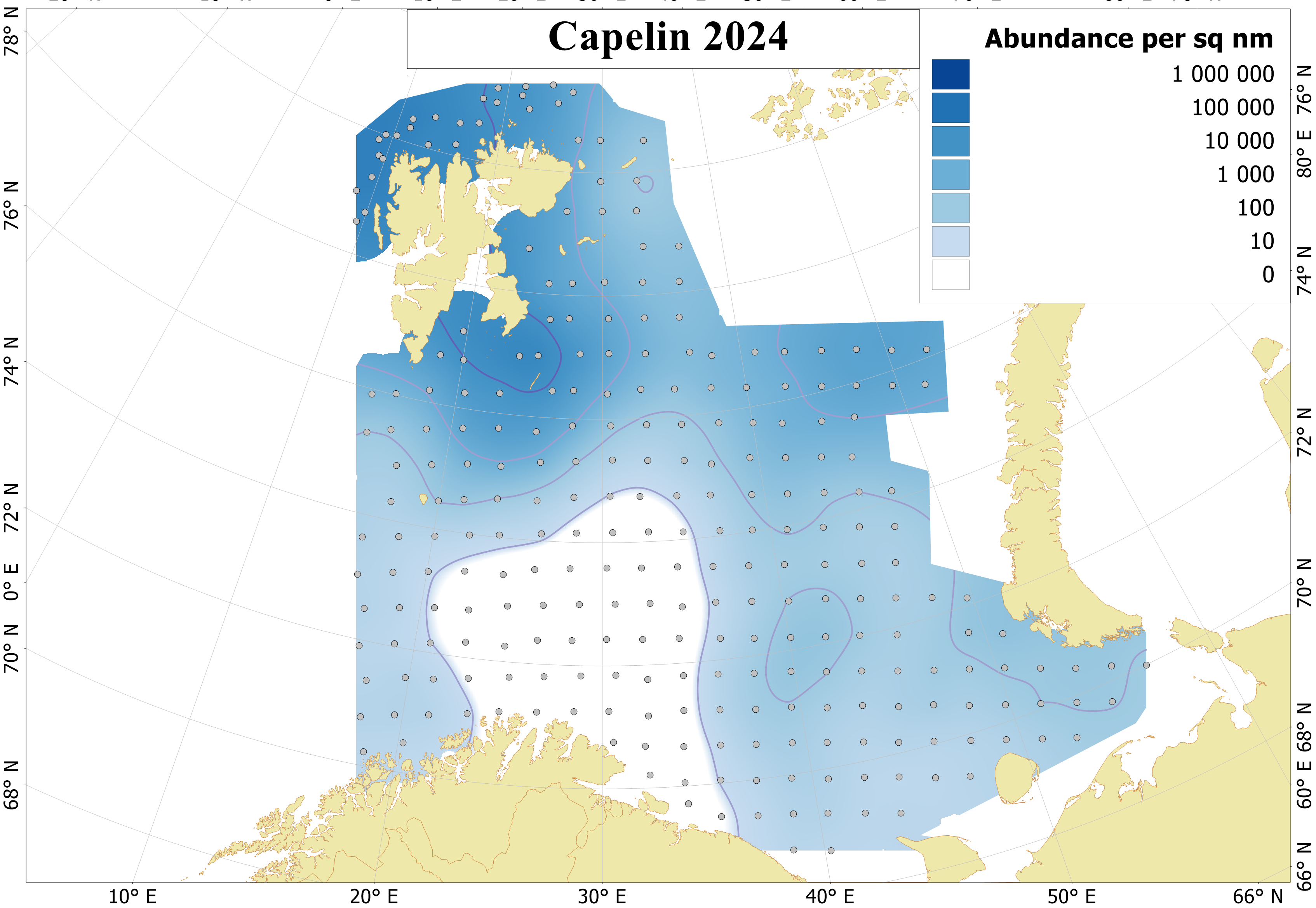 Figure 6.1.1. Distribution of 0-group capelin, August-September 2024. Abundance is corrected for capture efficiency (Keff). Dots indicate sampling locations.