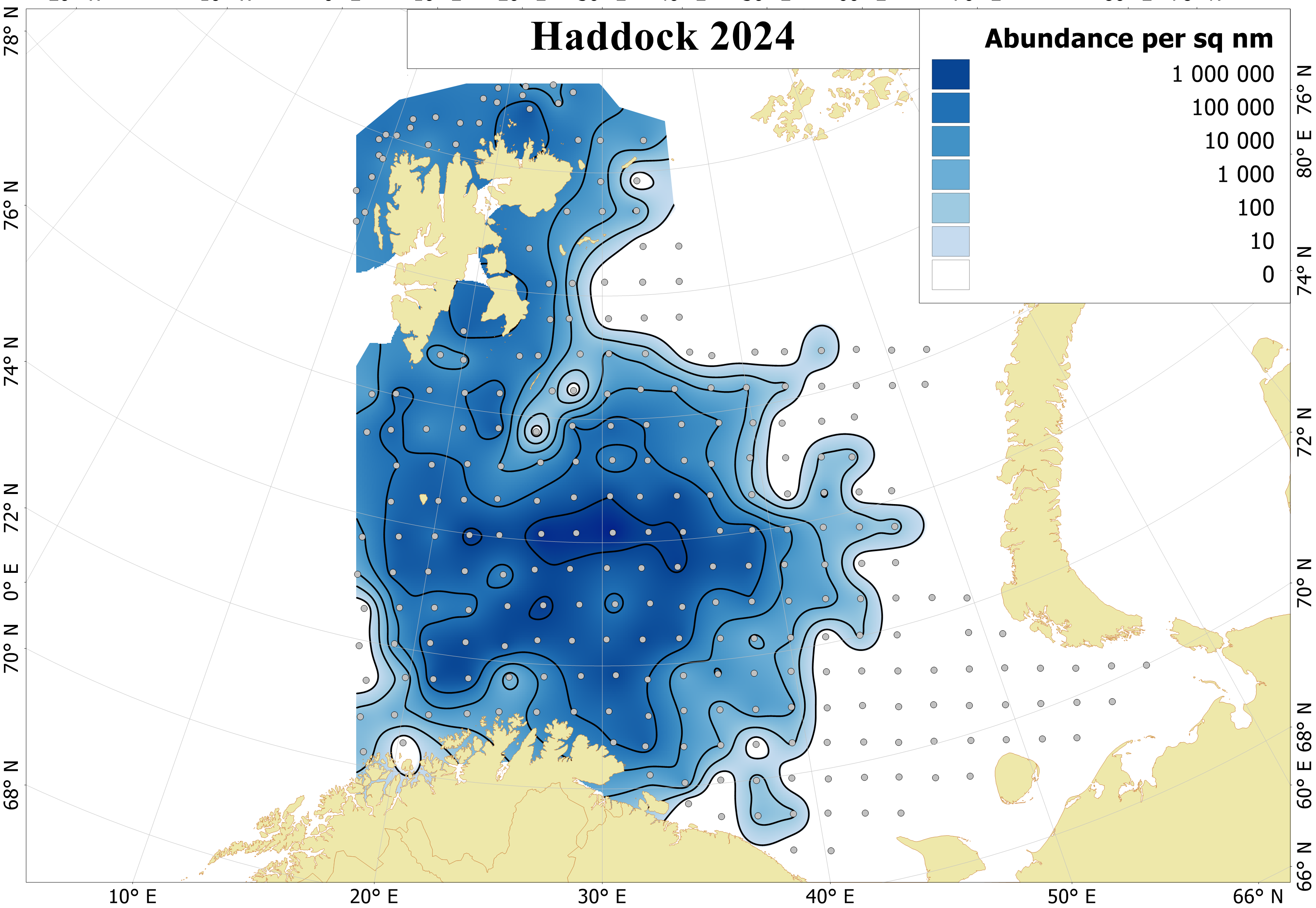 Figure 6.3.1. Distribution of 0-group haddock, August-September 2024. Abundance are corrected for capture efficiency (Keff). Abundance are corrected for capture efficiency (Keff). Dots indicate sampling locations
