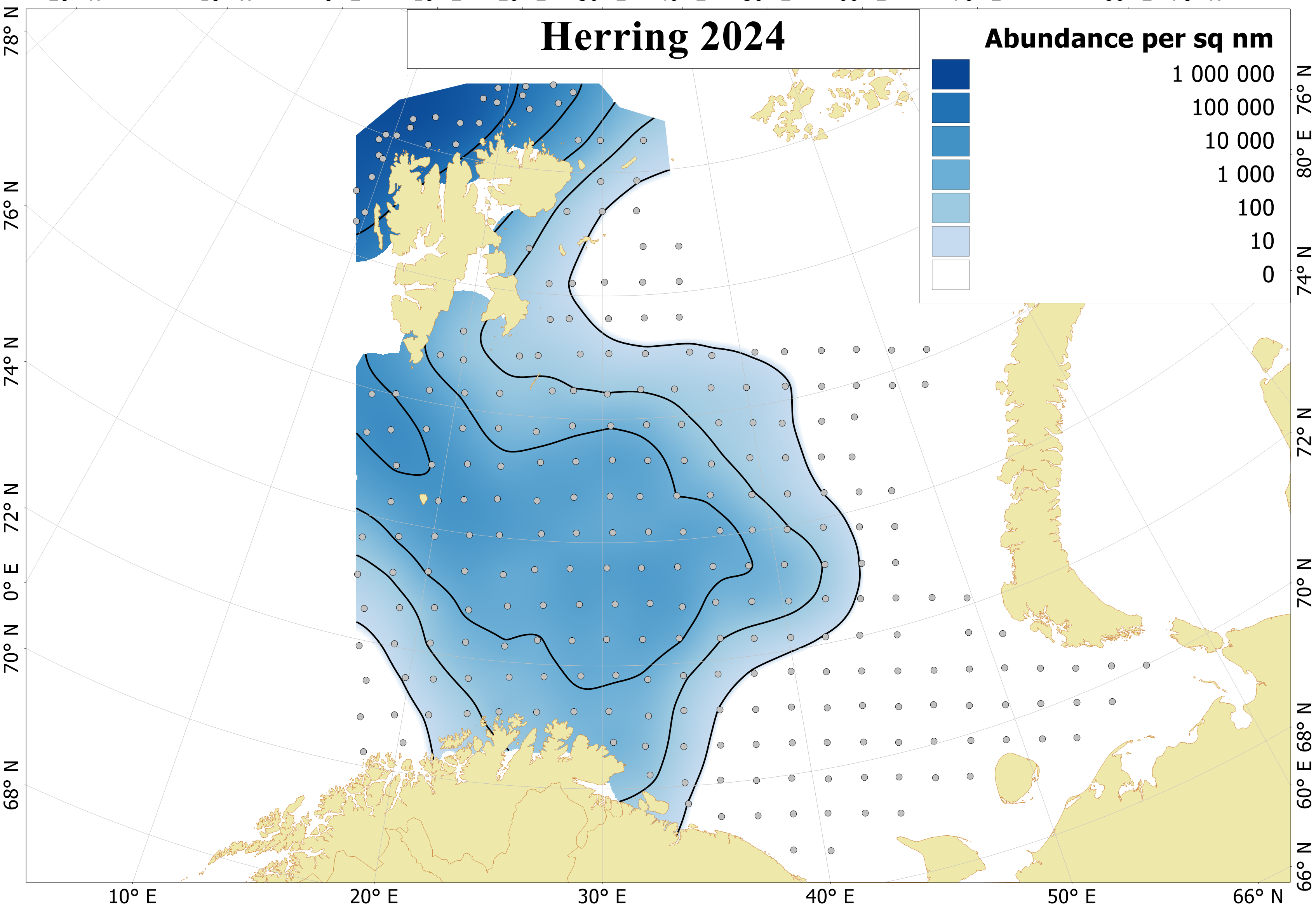 Figure 6.4.1. Distribution of 0-group herring, August-September 2024. Abundance are corrected for capture efficiency (Keff). Abundance are corrected for capture efficiency (Keff). Dots indicate sampling location