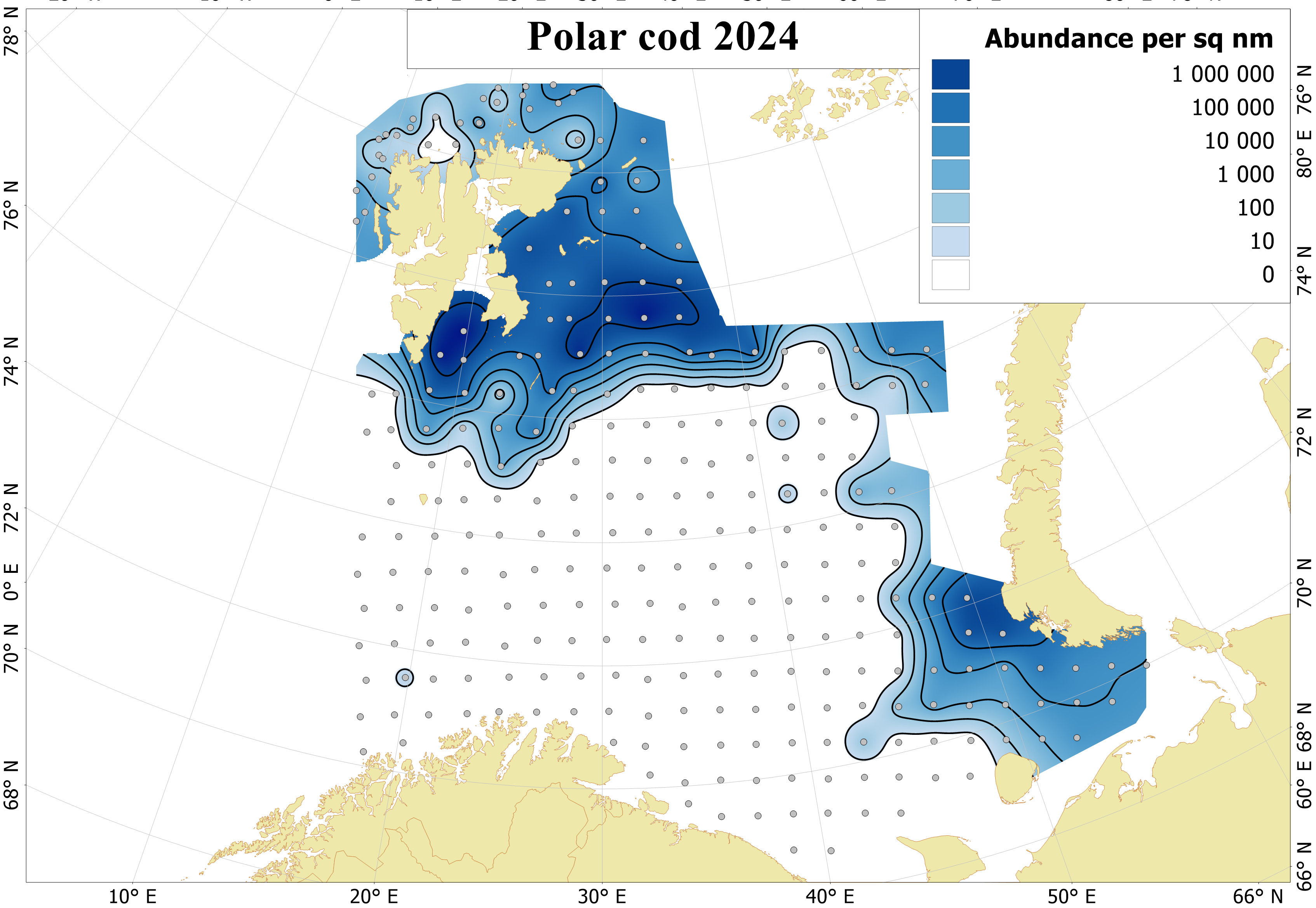 Figure 6.5.1. Distribution of 0-group polar cod, August-September 2024. Abundance are corrected for capture efficiency (Keff). Dots indicate sampling locations.