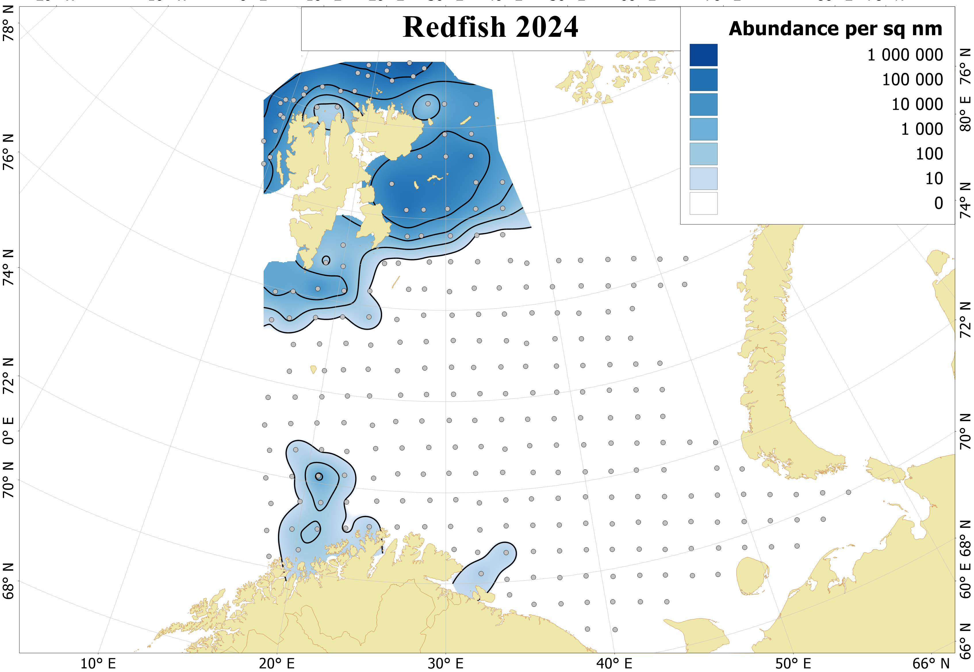 Figure 6.7.1. Distribution of 0-group redfishes (mostly Sebastes mentella) in August-September 2024. Abundance was not corrected for capture efficiency. Dots indicate sampling locations