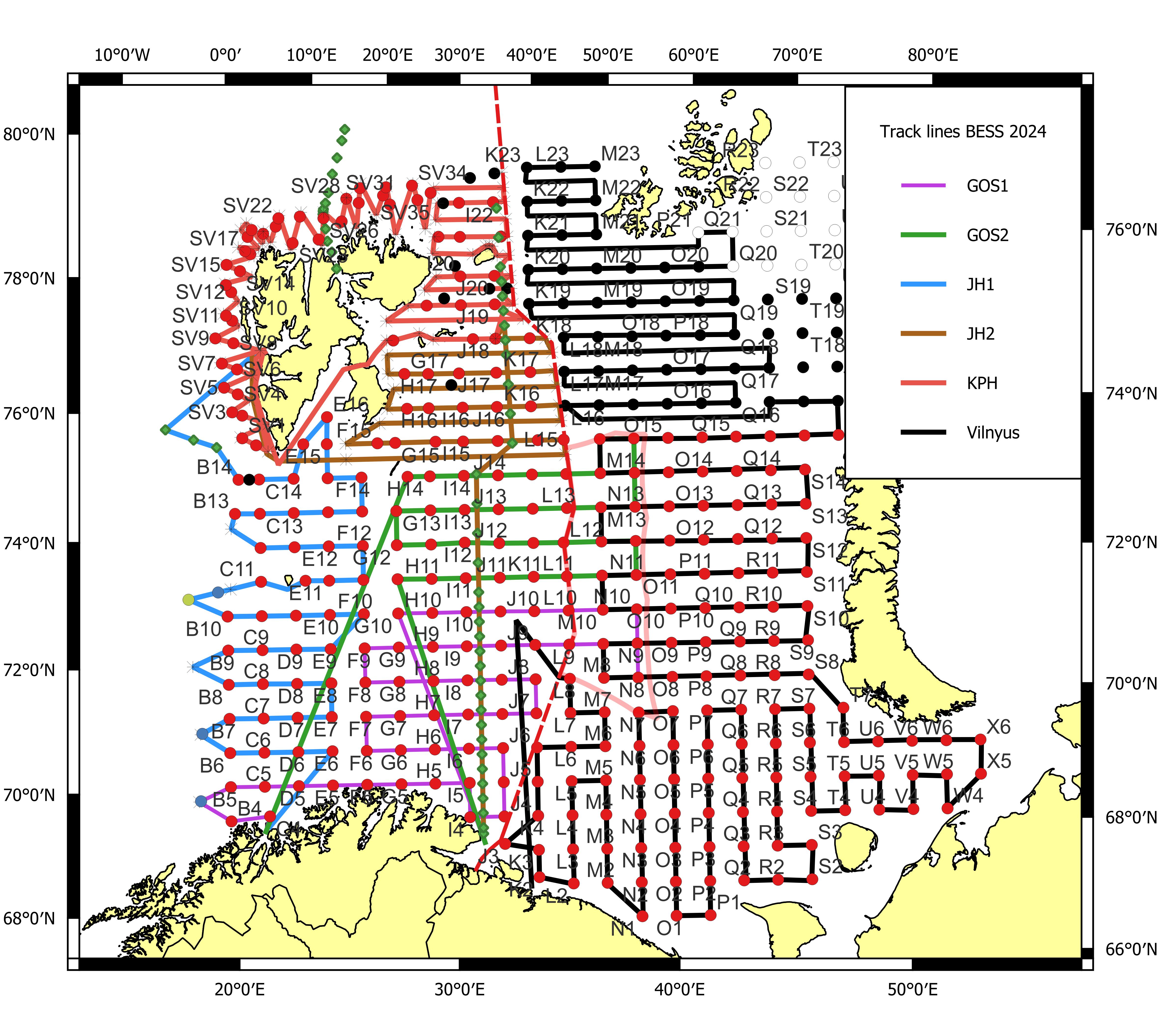 Figure 2.1. BESS 2024 planned survey map with ecosystem stations and vessel tracks