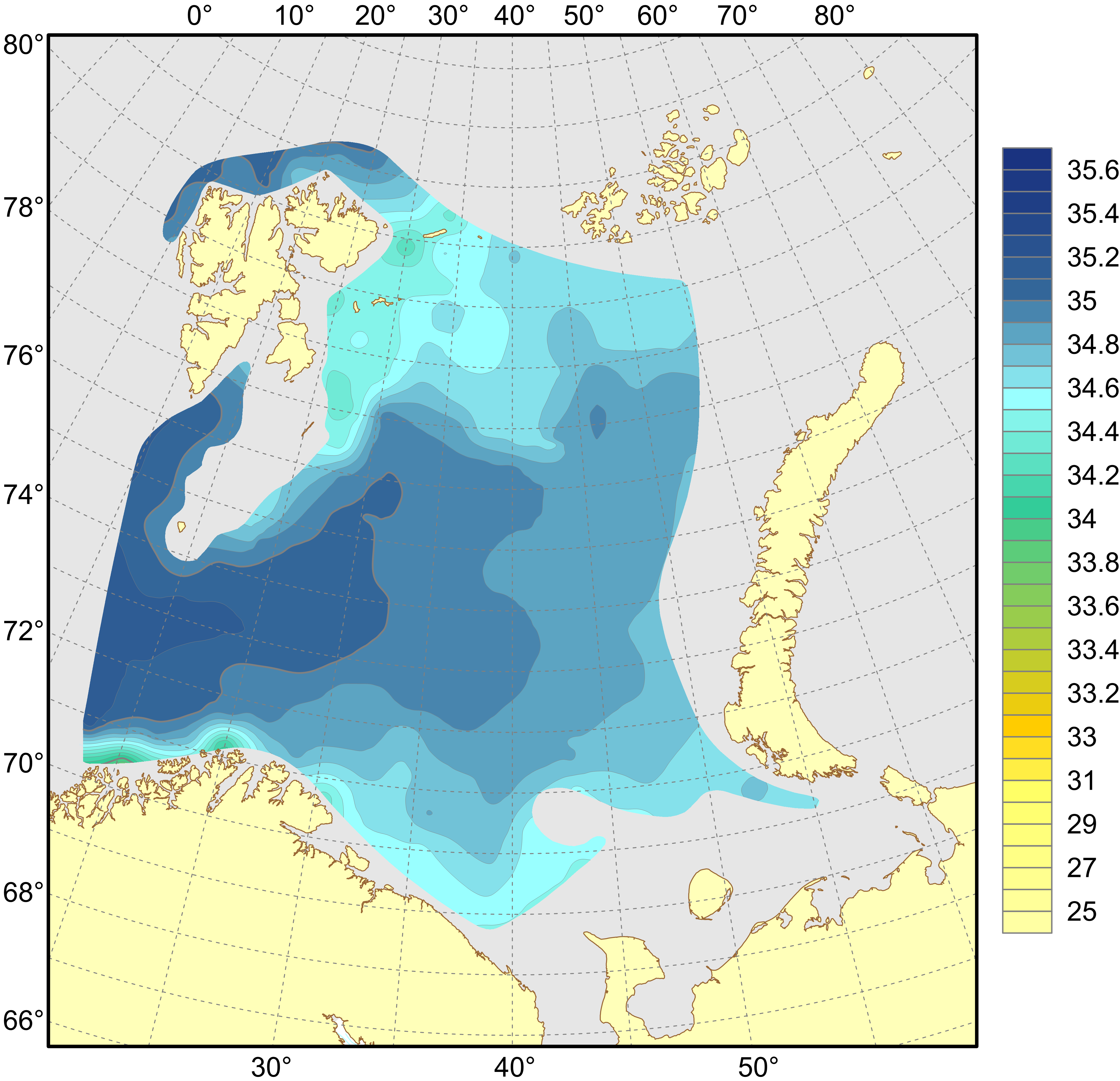 Figure 4.1.1.6. Distribution of salinity at the 100 m depth, August–October 2024.