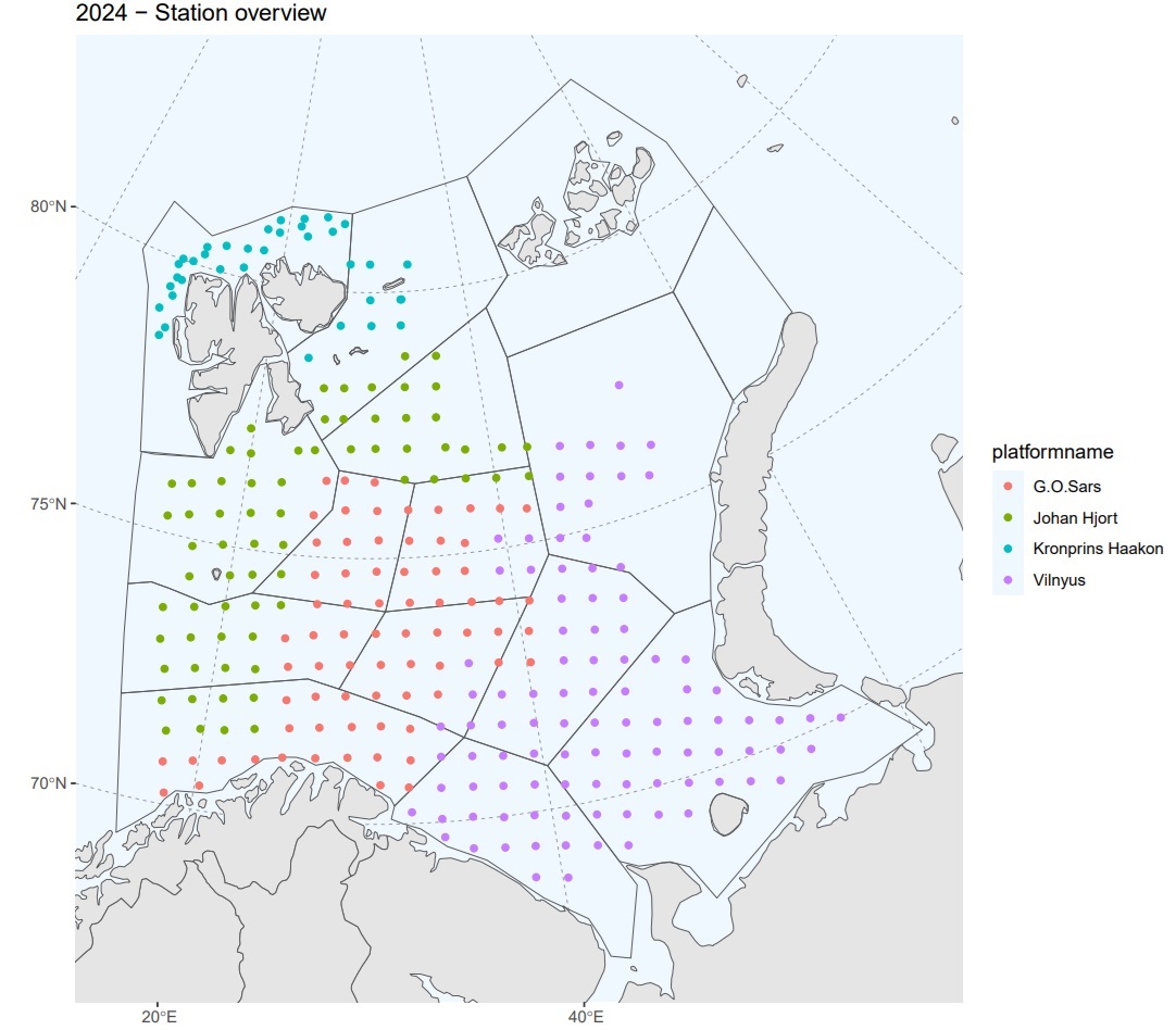 Figure 5.3.1.1 Map showing subdivision of the Barents Sea into 15 subareas (polygons)and the BESS coverage in 2024.