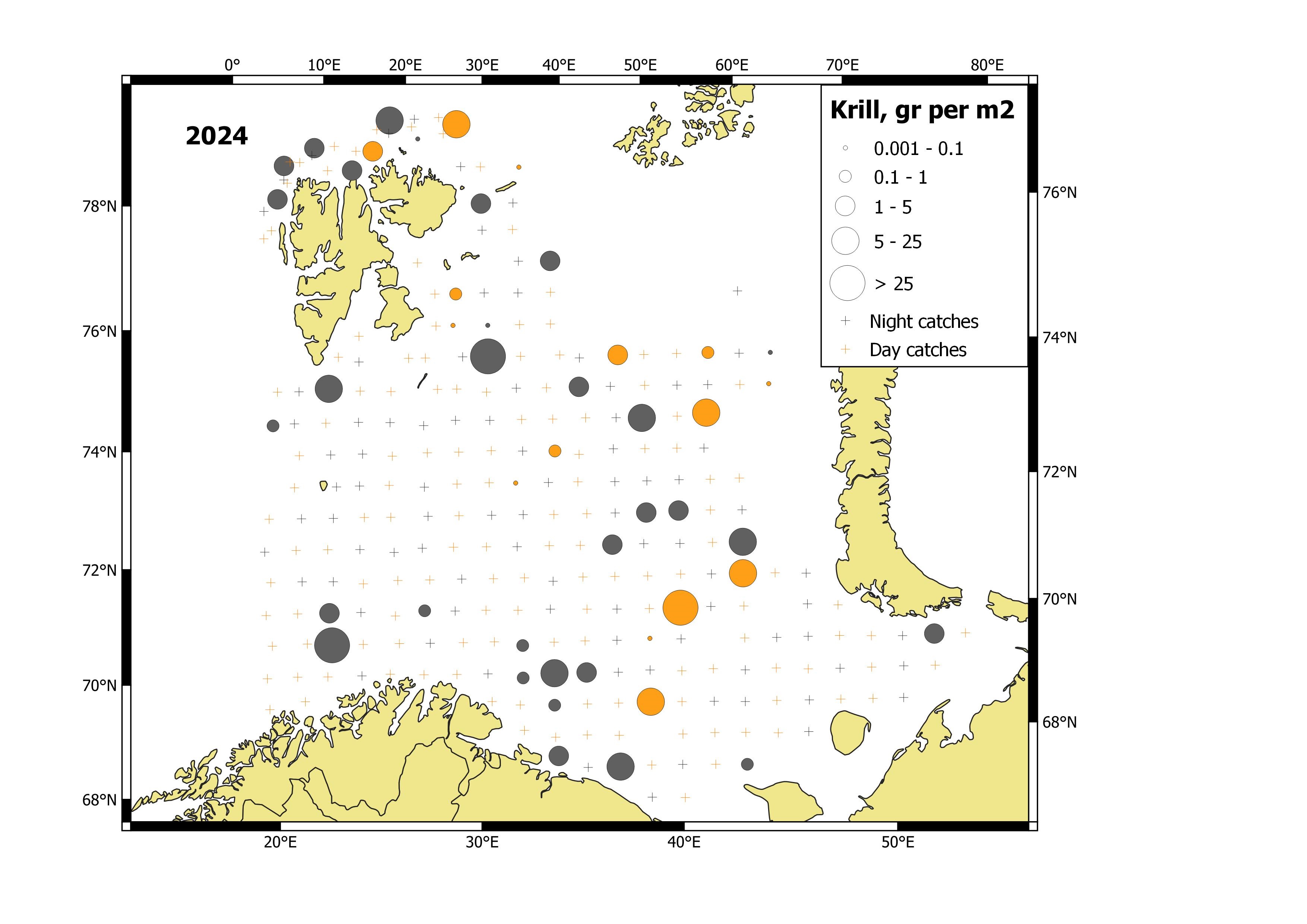 Figure 5.3.1.2 Krill distribution, based on pelagic trawl stations covering the upper water layers (0-60 m) in August-October 2024.