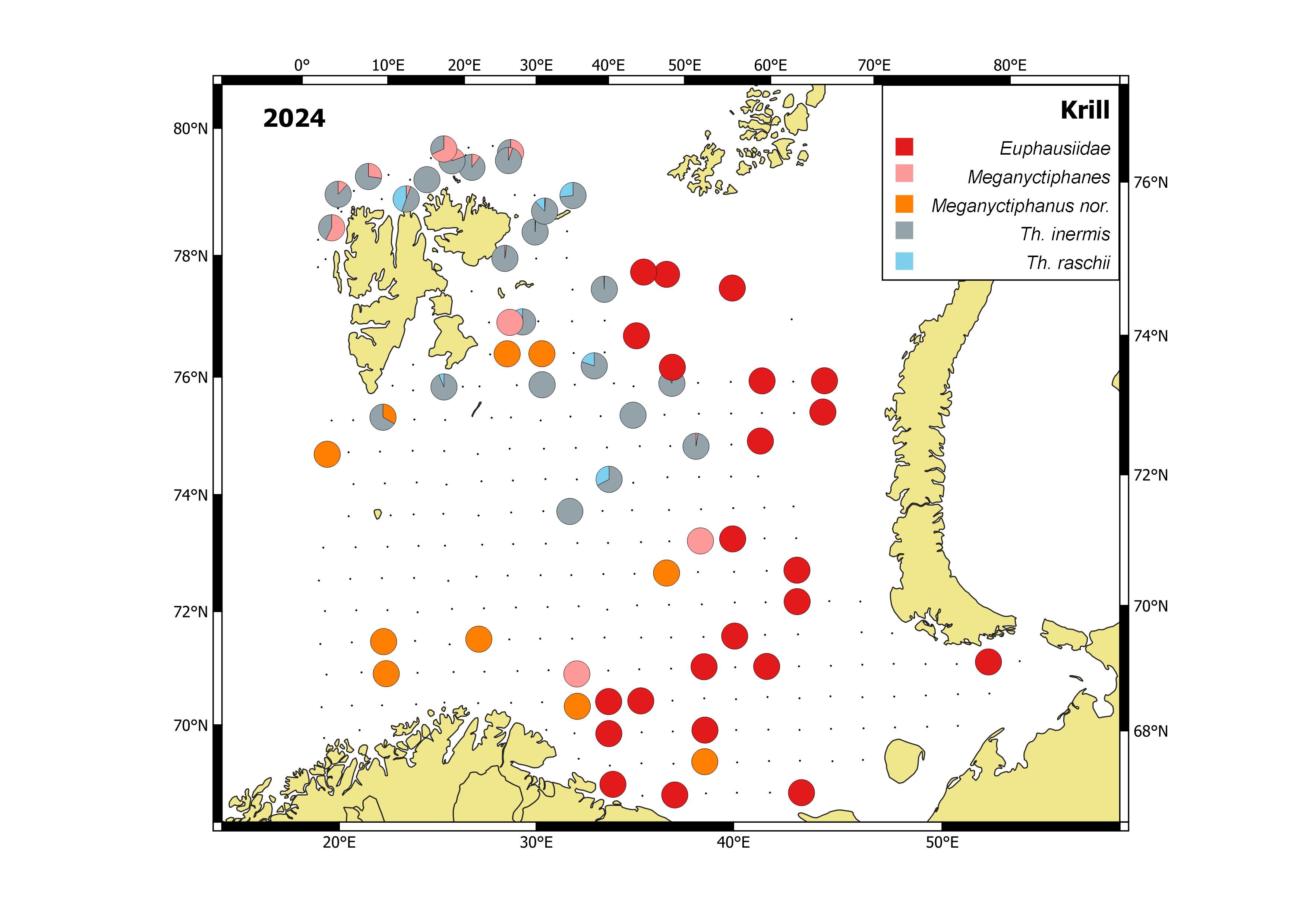Figure 5.3.1.3 Krill species distribution, based on pelagic trawl catches covering 0-60min August-October 2024.