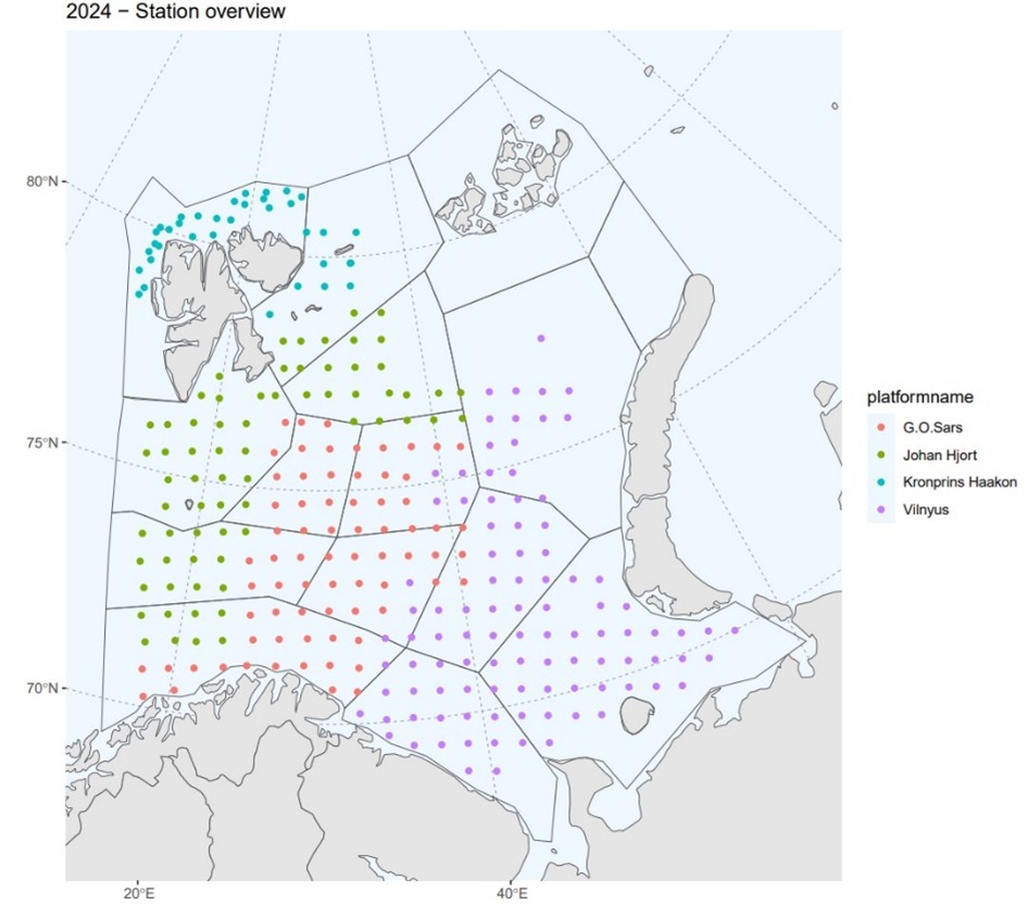 Figure 6.1. Map showing spatial coverage of the  0-group fish in the Barents Sea in 2024. Colored dots indicated vessel coverage, while grey lines 15 subareas (regions) used in estimations.