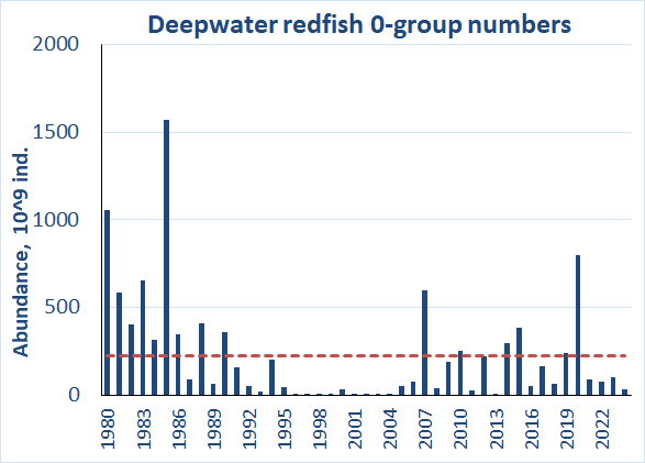 Figure 6.7.2. 0-group deepwater redfish abundance (corrected for trawl efficiency) in the Barents Sea during 1980-2024. Red line shows the long-term average.