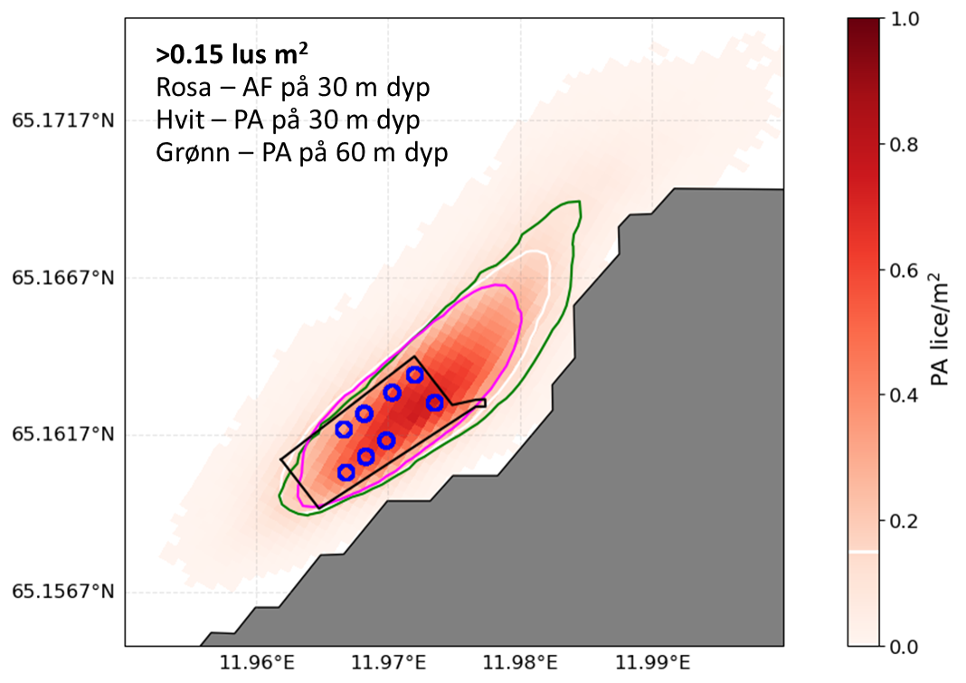 Colour contour plot in shades of red indicating lice ditribution around cages at a fish farm. 