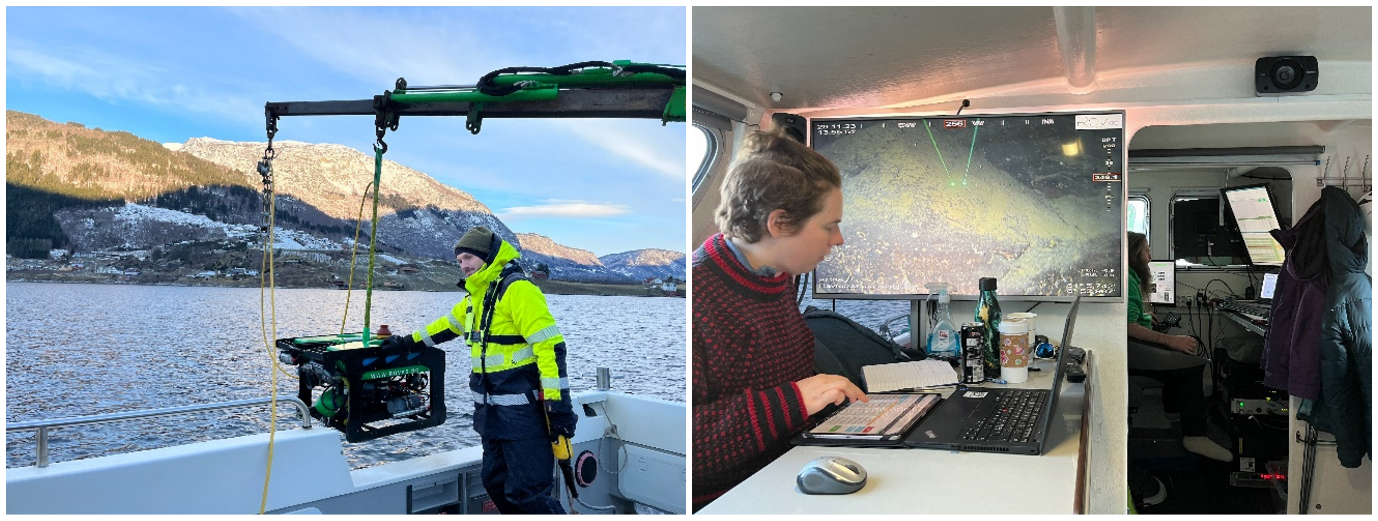 To fotografier. Venstre: ROV henger fra kran og er på vei ned over ripa, toktpersonell står på dekk og holder på ROV. I bakgrunnen sees sjøen, og fjell som bader i vintersol. Høyre: Bilde fra arbeidsplass om bord. Toktpersonell jobber på PC, en stor skjerm i bakgrunn viser video fra ROV. 