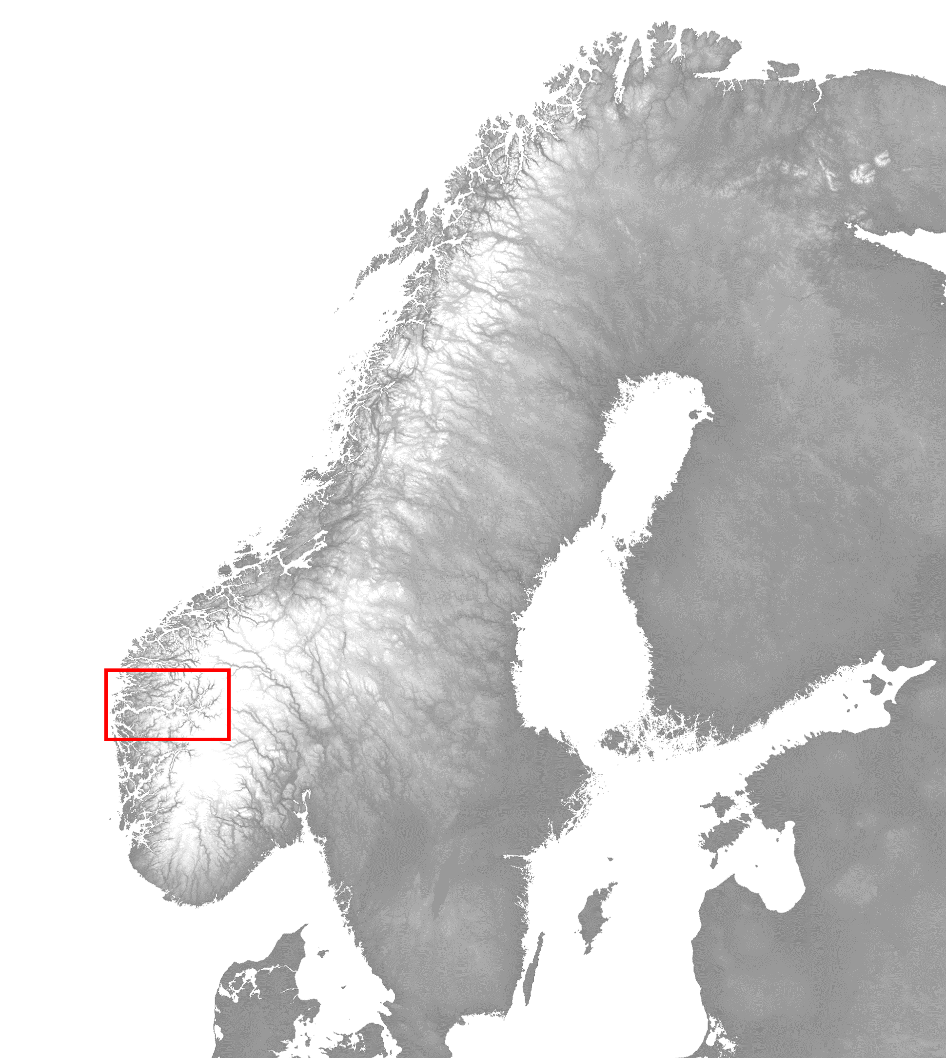 Oversiktskart der Norden og Baltikum er synlig, og med en rød firkant som viser beliggenheten til Sognefjorden.