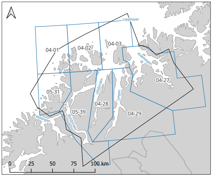 Kartutsnitt med PO11 innrammet i svart, med skala 0 til 100 km. Nummererte fiskerilokasjoner innrammet i blått.