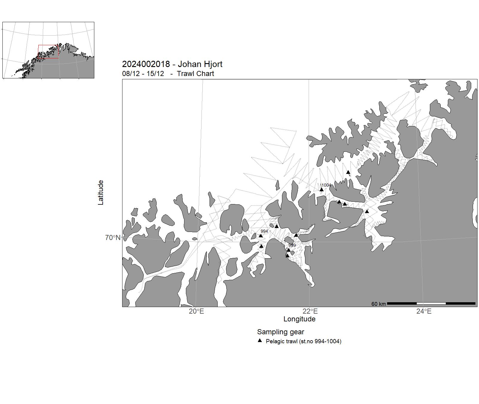 Chart from the cruise 2024002018 showing track and trawl stations.