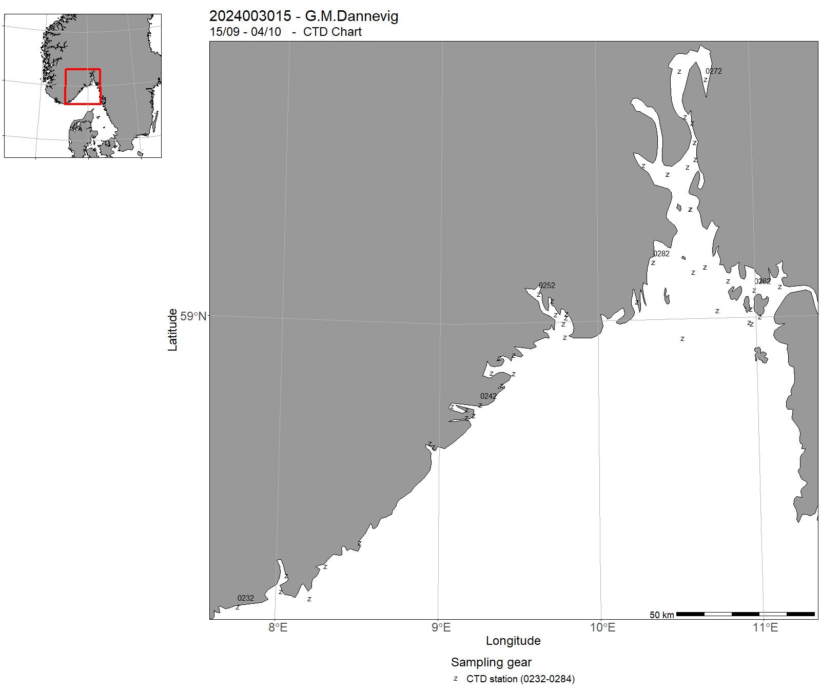 Chart from the cruise 2024003015 showing track and CTD stations.
