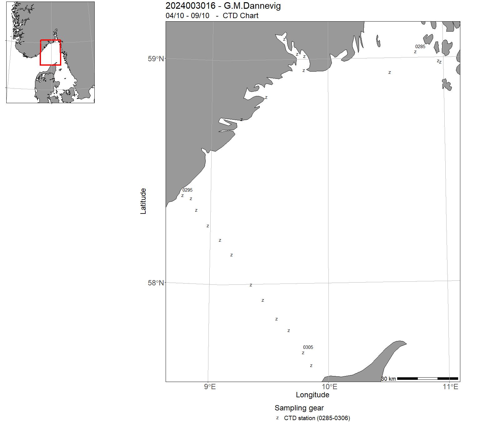 Chart from the cruise 2024003016 showing track and CTD stations.