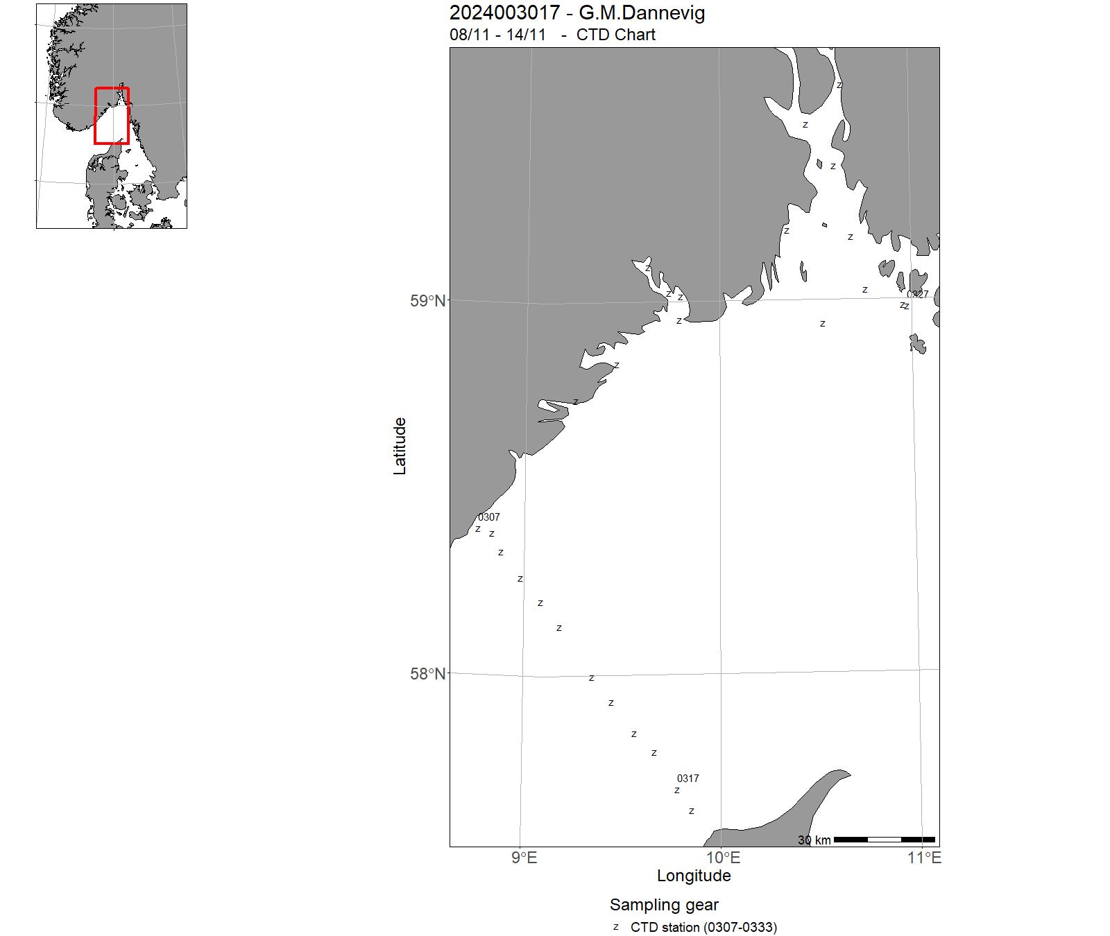 Chart from the cruise 2024003017 showing track and CTD stations.