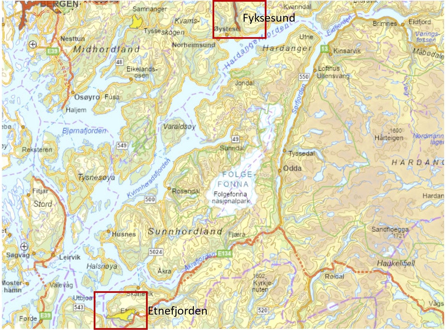 Kartutsnitt fra Hardangerfjorden og områder rundt. To sidefjorder har rød ramme og med uthevet navn. Fyksesund øverst i kartet er skravert rødt. Etnefjorden (nederst på kartet) er skravert i gult. Fjordene rundt Bergen, helt øverst til venstre i kartutsnittet, er også skravert røde. 