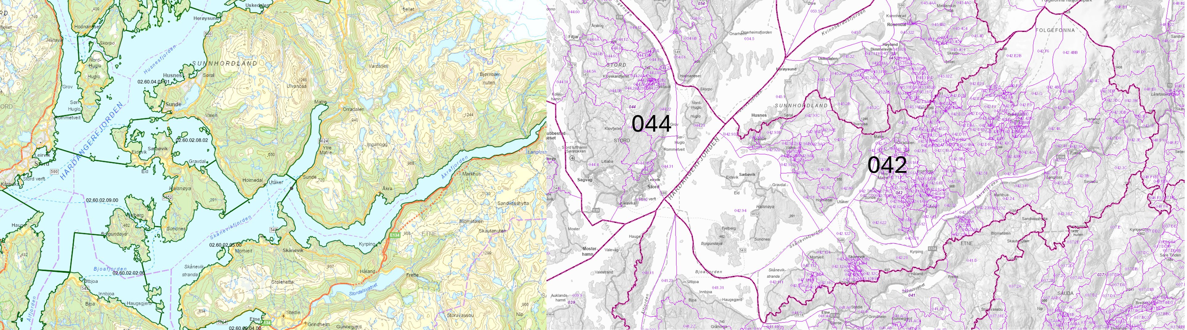 Vannforekomstene skilt med grønne linjer. Vassdragsområder adskilt med mørk lilla linjer og REGINER adskilt med lys lilla linjer, og nummereringer i samme farger.