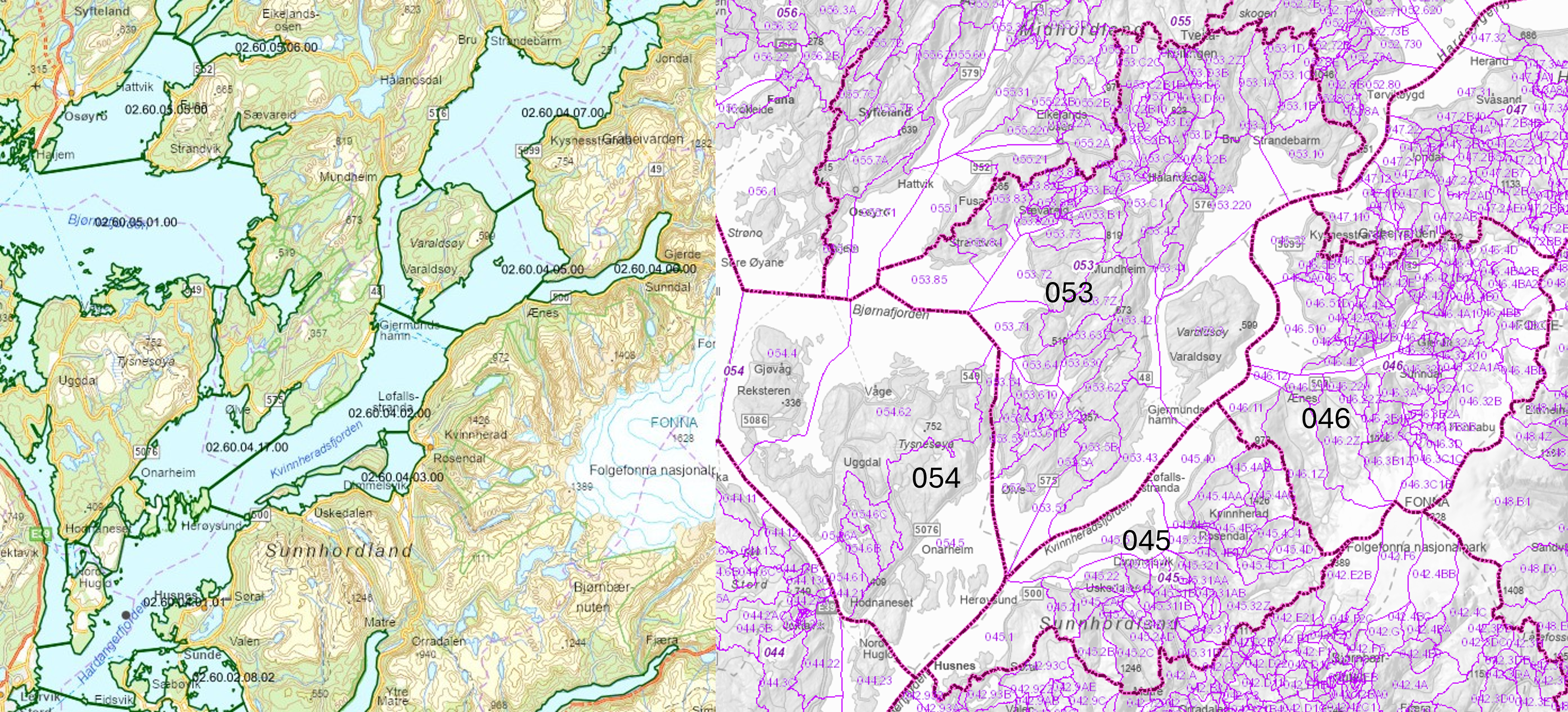 Vannforekomstene skilt med grønne linjer. Vassdragsområder adskilt med mørk lilla linjer og REGINER adskilt med lys lilla linjer, og nummereringer i samme farger. 