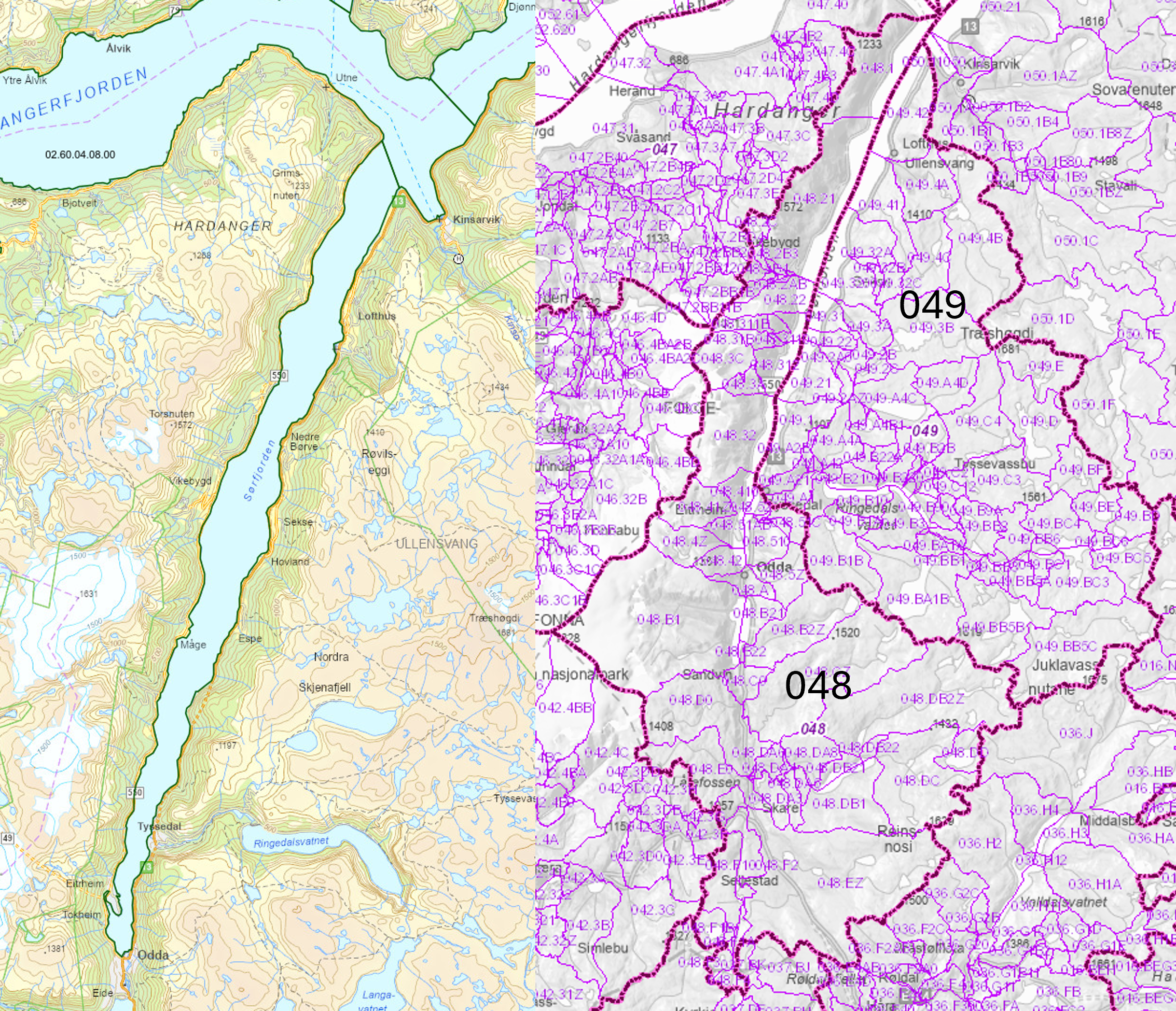 Vannforekomstene skilt med grønne linjer. Vassdragsområder adskilt med mørk lilla linjer og REGINER adskilt med lys lilla linjer, og nummereringer i samme farger. 