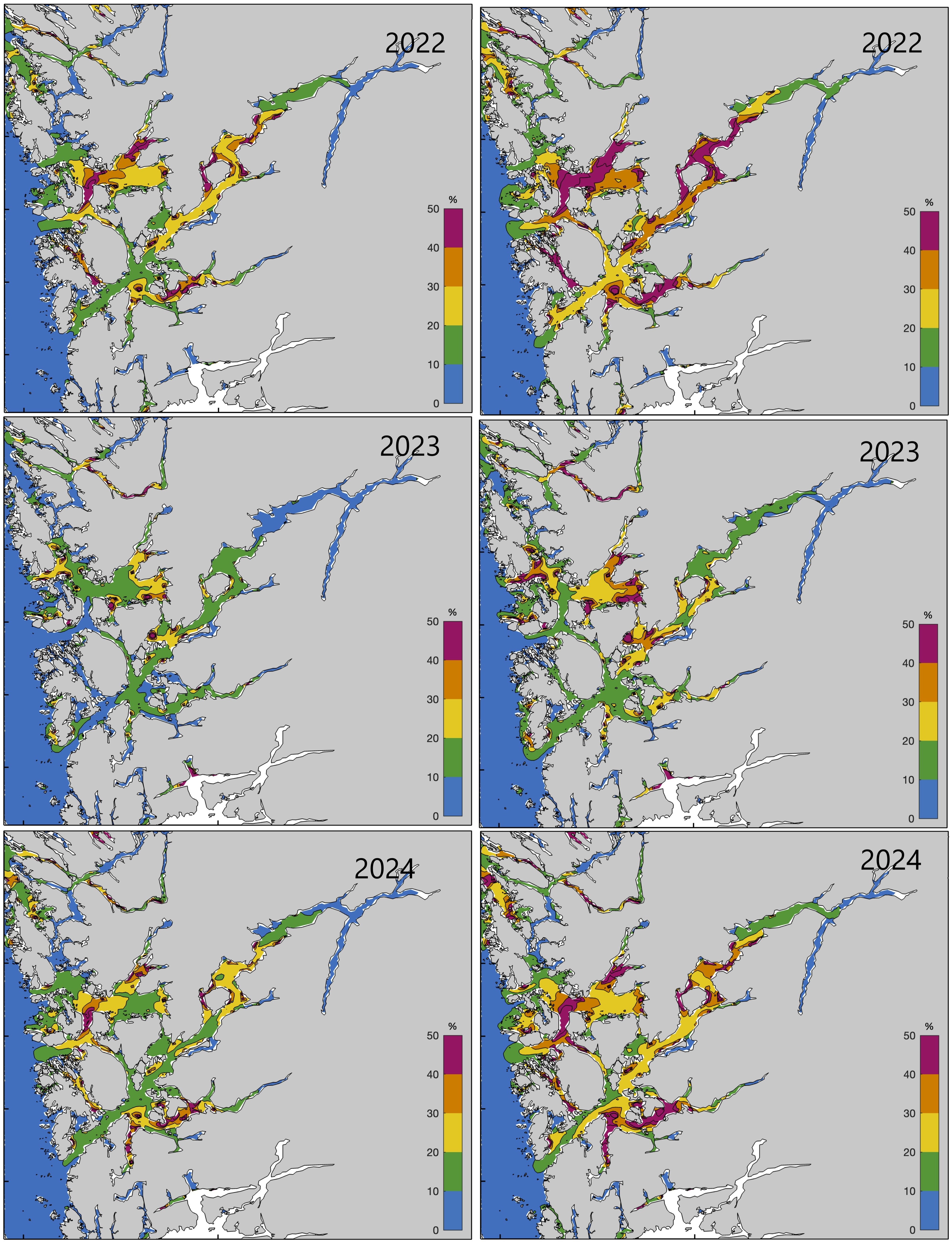 For hver av de to situasjonene er det tre kartutsnitt av Hardangerfjorden fra 2022 øverst, 2023 i midten og 2024 nederst. Fargeskala til høyre i bildet representerer prosentvis økning i planteplanktonproduksjon og går fra lilla øverst (40-50 % økning) til oransje (30-40 %), gult (20-30 %), grønt (10-20 %) til blått (0-10 %).