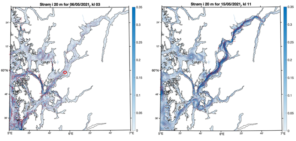 To kartutsnitt over Hardangerfjorden, lengde- og breddegrader gjengitt langs nedre og venstre kant. Blåfargene representerer strømhastighet, meter per sekund og går fra mørk blå (0,35 m/sek) til lys blå (0 m/sek). 