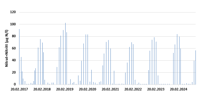 Diagram med Nitrat + nitritt målinger vist som linjestolper. X-aksen går fra 2017 til 2024, og y-aksen viser Nitrat+Nitritt (ug/l) og går fra 0 til 120. 