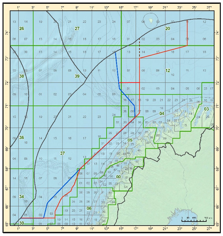 Delineation of the geographical limits for directed fishing in the Norwegian Economic Zone in 2014–2024. Directed pelagic trawling is only allowed west of the blue line. Directed demersal trawling is only allowed between the blue and the red line. The area east of the stippled line inside NEZ south of Bear Island is only open for directed demersal trawling after 10 May. The other areas for directed fishing are also open during 1 January to last February. Due to high bycatch ratios of golden redfish 72°N was suggested as southern limit for directed demersal fishing marked by the red line along that latitude to the Norwegian directorate of fisheries in November 2018.
