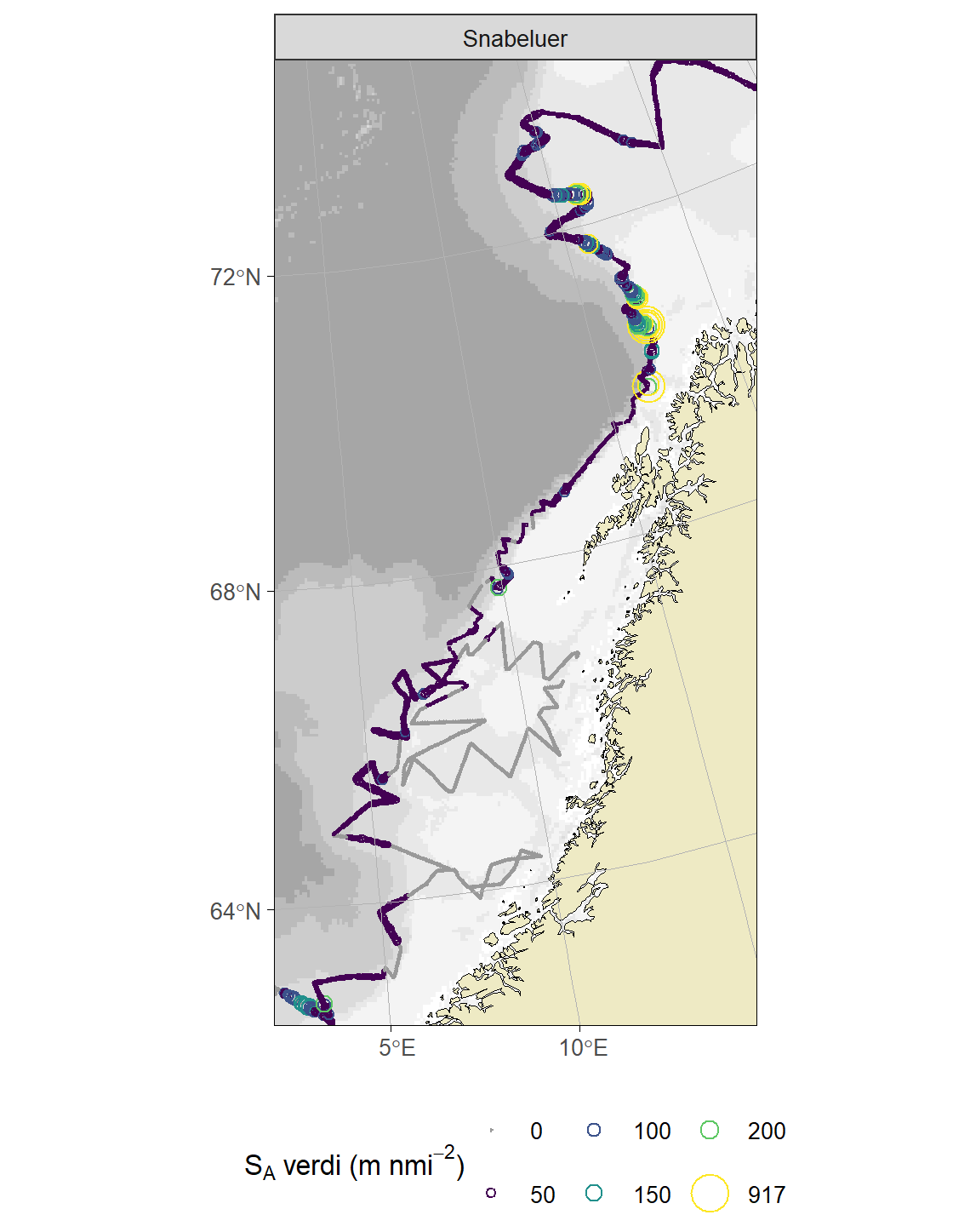 Figure 6.17. S. mentella in subareas 1 and 2. Horizontal distribution of S. mentella hydroacoustic backscattering (sA) during the Norwegian slope survey in spring 2024. The circles are proportional to the sA assigned to redfish along the vessel track.