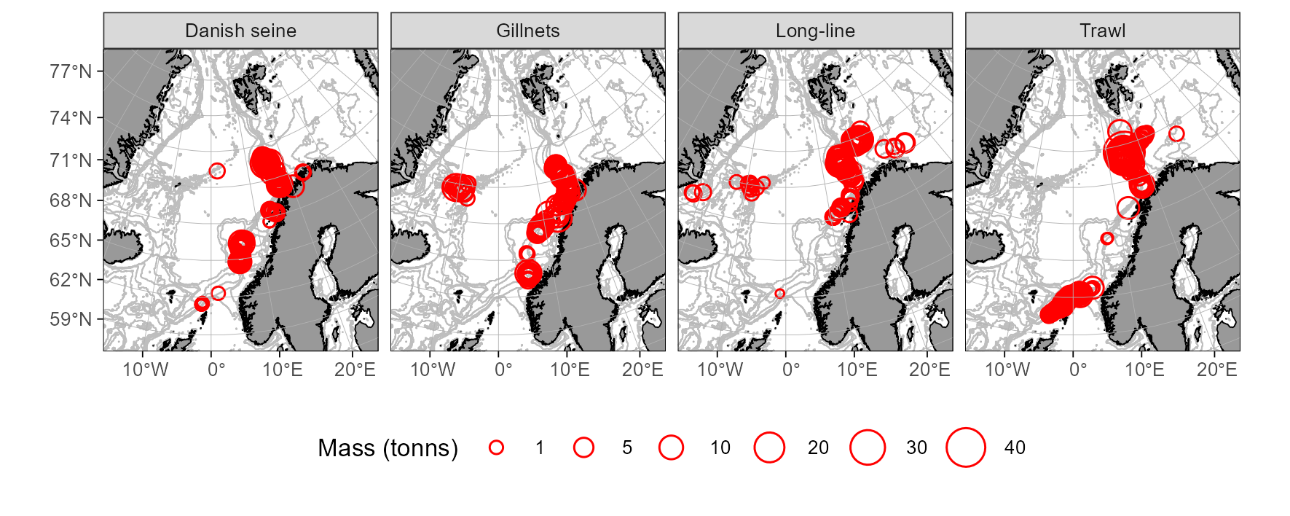 Figure 8.3. Spatial distribution of catches where Greenland halibut make more than 50% of the total catches, according to Norwegian electronic logbooks from 2024. Bubble area is proportional to the size of single catches expressed in metric tonnes.