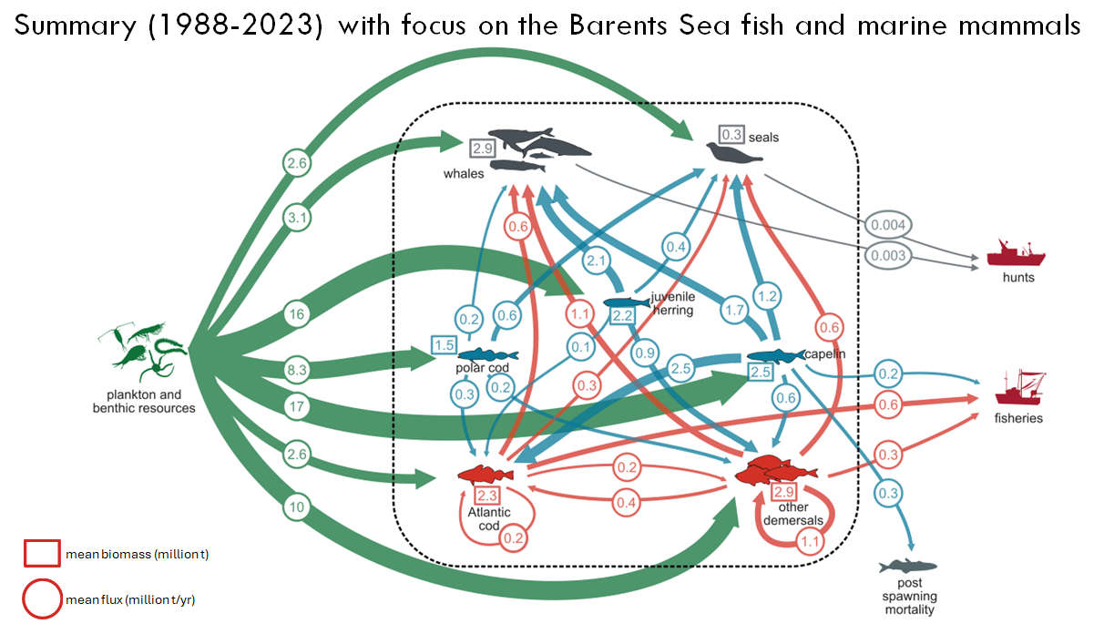 Fig. 1.12. Results from a food-web assessment model for marine mammals, fish, and fisheries in the Barents and Norwegian Seas (Planque et al. 2024). Note the legends in lower left corner of the figure.