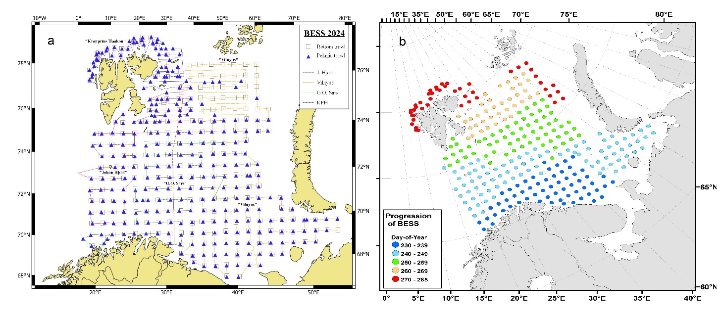 Figure 1.1. The spatial (a, left) and temporal (b, right) progression during the survey.