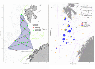 Figure 6.13. S. mentella in subareas 1 and 2. Left panel: Survey track of the Deep Pelagic Ecosystem Survey in 2022 and categorized trawls. Potential failures need further examination to determine their usability, whilst successful trawls can be used for the survey index without further consideration. Right panel: Catch rates in tonnes per square nautical mile for the surveyed depth layers (< = 300 m, 301–600 m and > 600 m) from the 2019 survey. The corresponding results for the 2022 survey are not available.