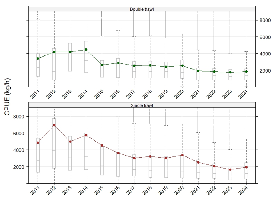 Figure 3.5. od CPUE in Norwegian trawl catches where cod is the main species (double and single trawl, Nedreaas WD2). Connected line shows mean, line inside the box shows the median, and the box shows 25 and 75 percentiles.