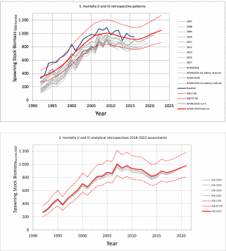 Figure 6.24. The upper panel shows the retrospective patterns of the spawning-stock biomass of S. mentella estimated by the SCAA model for runs up to years 2007–2017 and the baseline model of the 2018 benchmark. The lower panel presents the analytical retrospectives for the current assessment and back to 2018. Confidence Intervals are shown for the latest assessment.