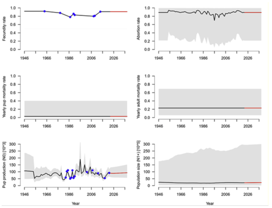 Figur 1. Modellert bestandsutvikling for grønlandssel i Vesterisen. Øverst til venstre vises fertilitetsdata, øverst til høyre vises den modellerte «abort»-raten og den midterste raden viser henholdsvis unge- og voksenoverlevelse. Nederst til venstre vises den modellerte ungeproduksjonen (med 95% konfidensbånd) sammen med de estimerte ungeproduksjonsestimatene i blått. Nederst til høyre vises modellens estimerte totalbestand (med 95% konfidensbånd).