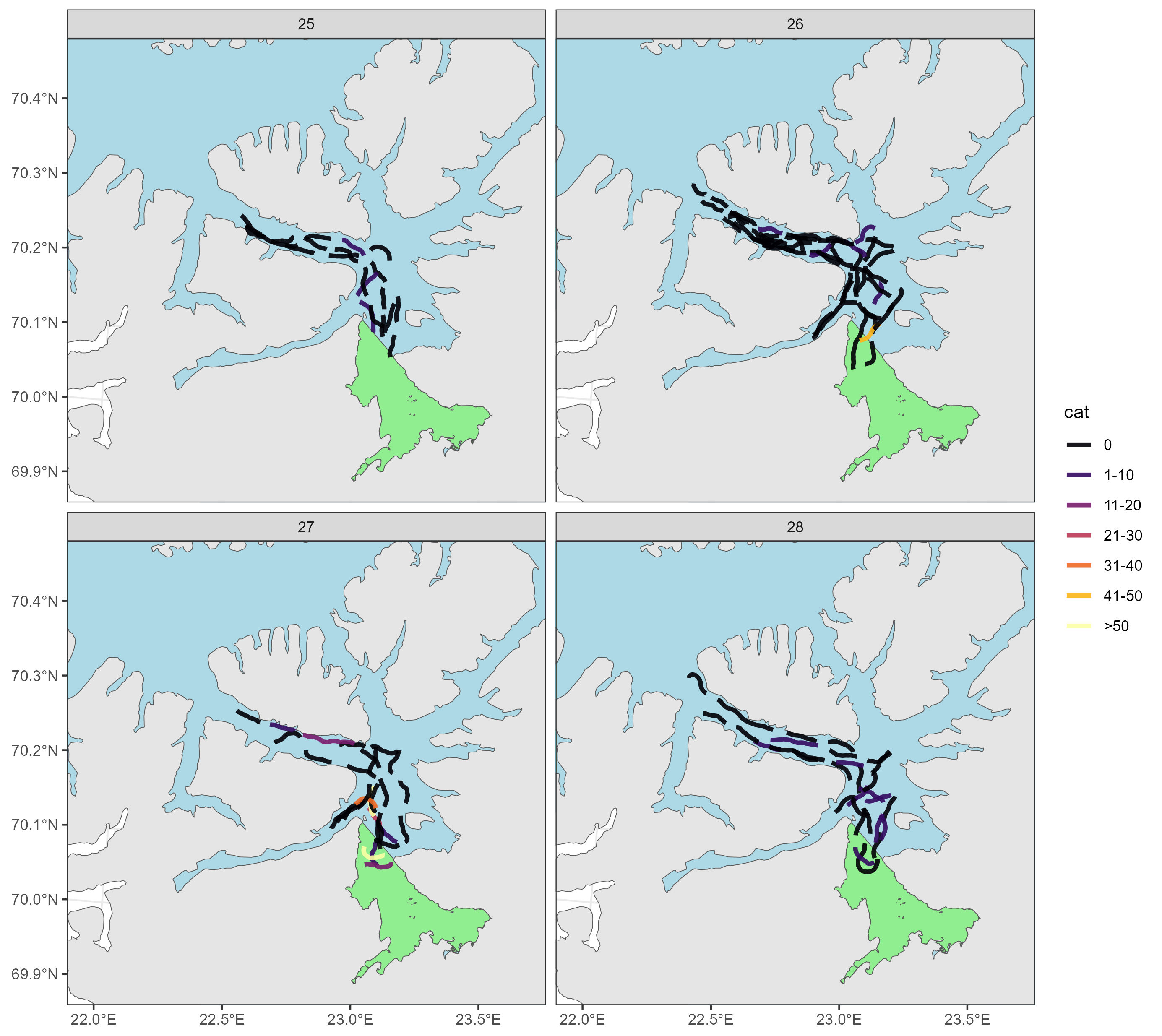 Tråltrekkene er vist som linjer i kart, et kart for hver uke. Linjene er farget fra svart til gul med økende fangst.